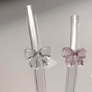 Custom cute pink white clear colored bent cup tumbler ribbon tie topper cover bow glass straws with bows charm hook design