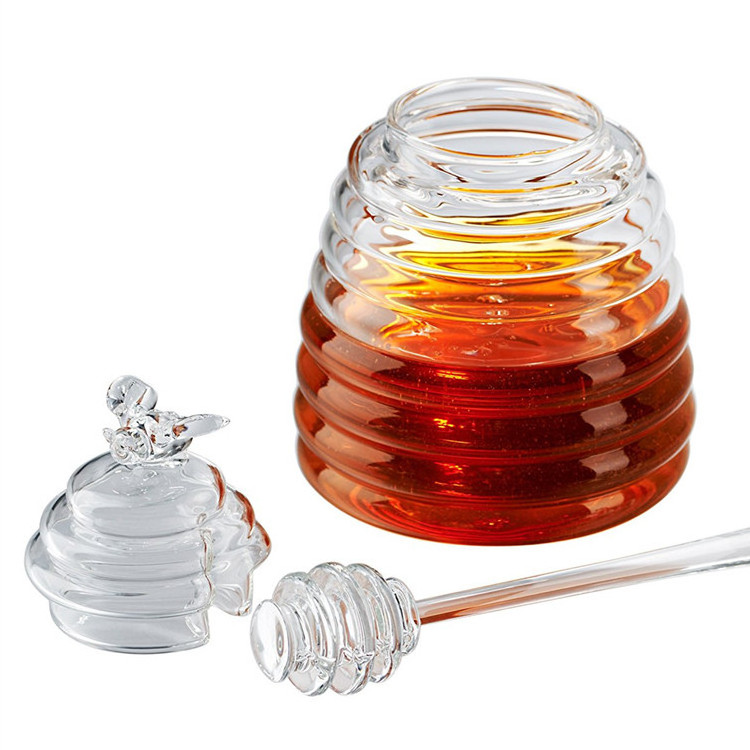 Top seller transparent Clear Borosilicate Glass honey jar with cover lid and glass dipper stick for storing and dispensing honey