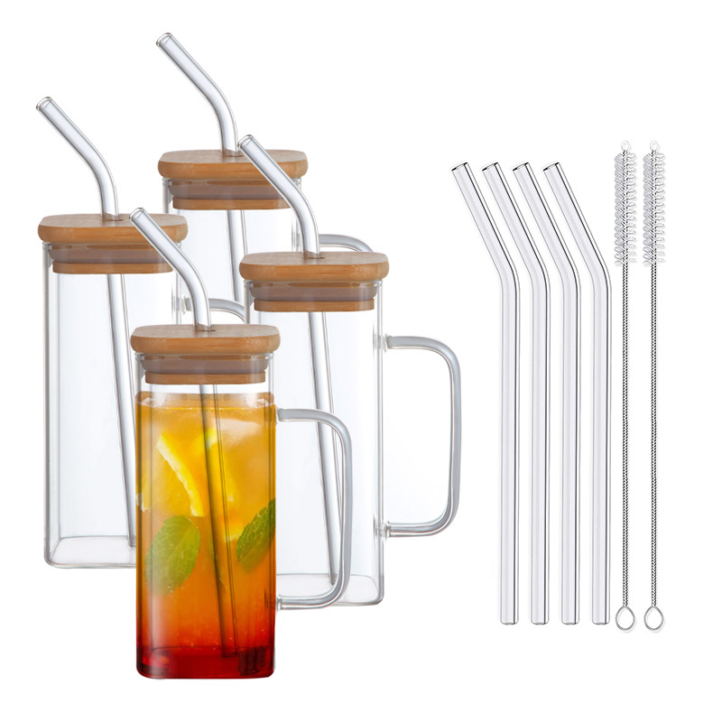 Top Seller Clear Glassware Drinkware Iced Coffee Tea Mug Water Tumbler Dinking Glasses Square Glass Cup with Lid Straw Handle