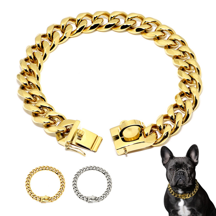 Gold Chain Heavy Duty Stainless Steel pitbull dog collars gold chain collar for dog cuban