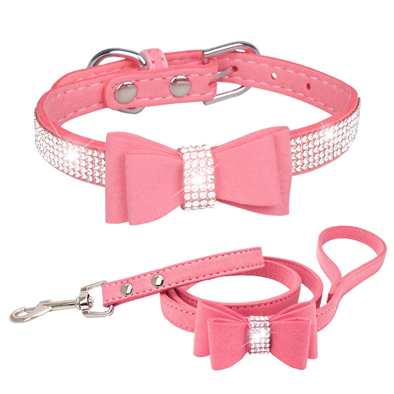 Rhinestone Buckle Pet Collar Velvet Dog Leash for Dogs and Cats Stylish and Comfortable Luxury HY Solid Bowknot 7 Colors 100