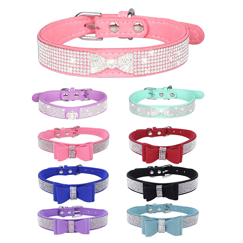 Rhinestone Buckle Pet Collar Velvet Dog Leash for Dogs and Cats Stylish and Comfortable Luxury HY Solid Bowknot 7 Colors 100