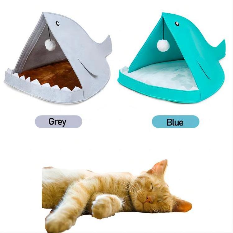 Cats Shark Tent Pet Portable Indoor Triangle Felt Cat Tent Cave House Bed with Washable Cushion for Cats Kittens Bed With Toy