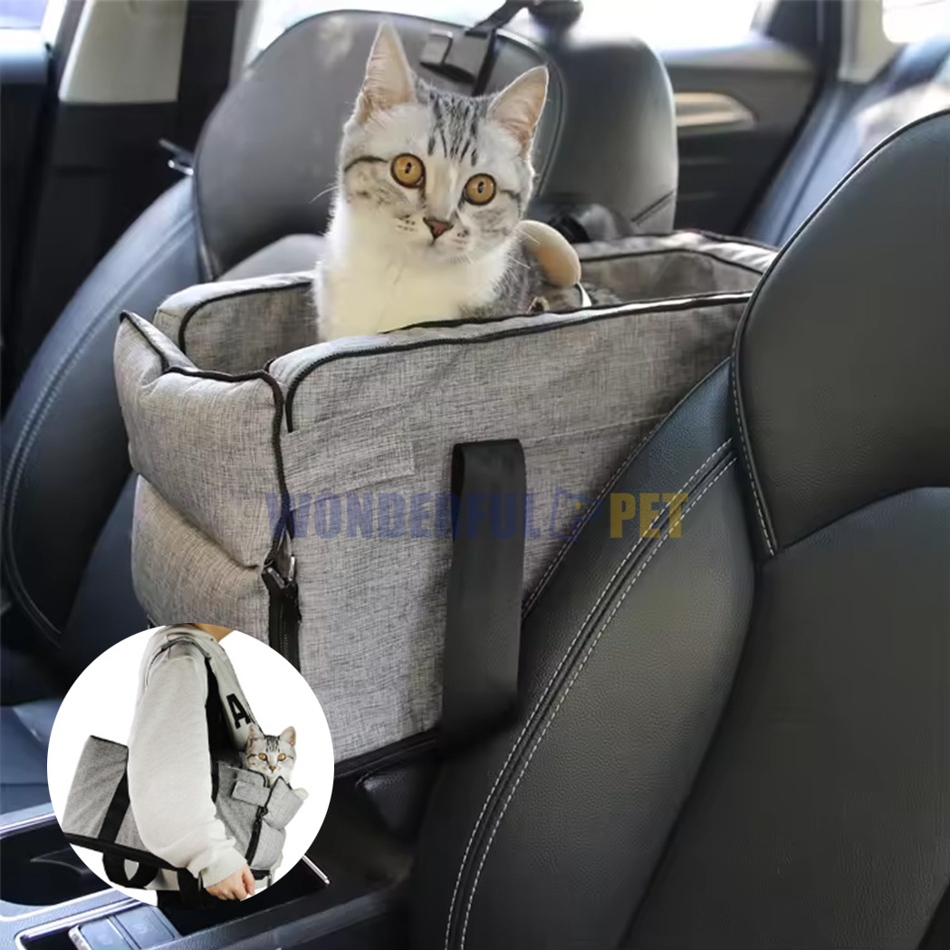 Pet Backseat Cover Waterproof Portable Travel Dog Car Booster Armrest Middle Console Seat Cushion Dog Car Seat Bed with Belt