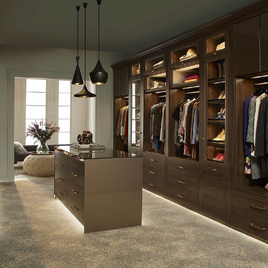 Customized armoire dressing walk in closet with wardrobe island