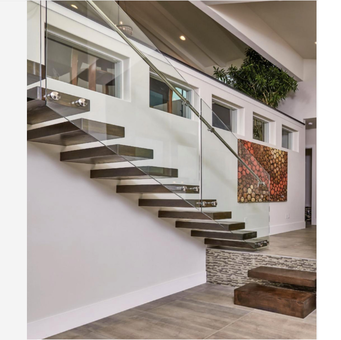 Apartment Wooden Stairs Floating Straight Staircase With Glass Railing