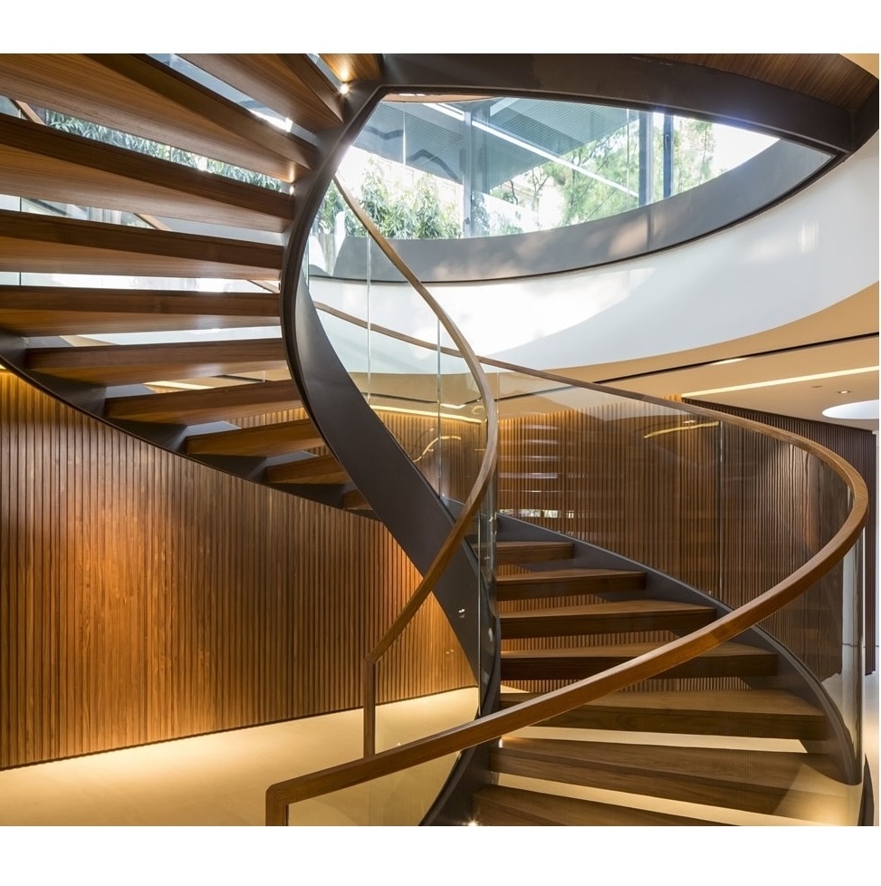 Modern stair case curved solid wood stairs with glass curved stair rail