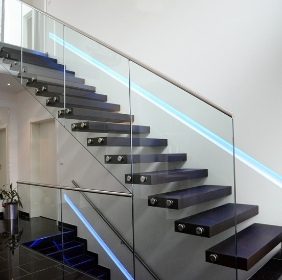 Apartment Wooden Stairs Floating Straight Staircase With Glass Railing