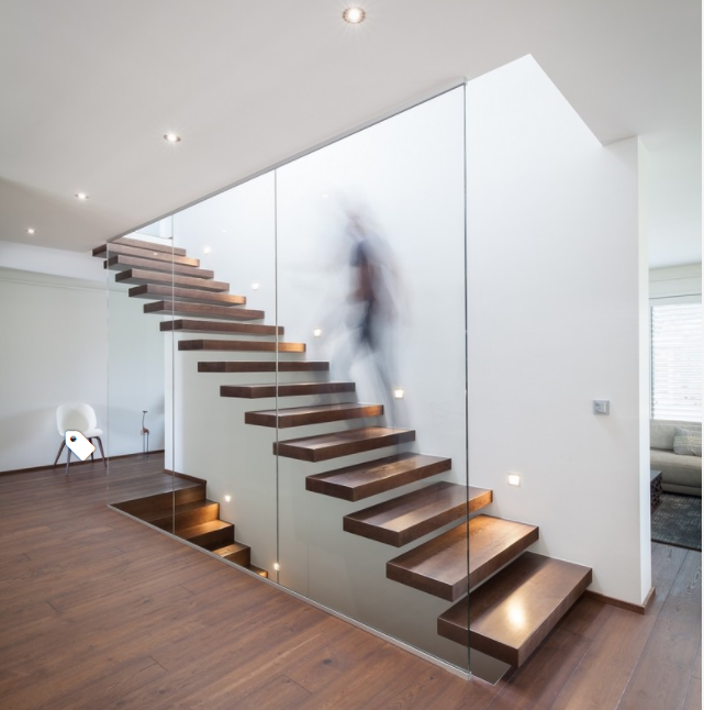 Apartment Wooden Stairs Floating Straight Staircase With Glass Railing