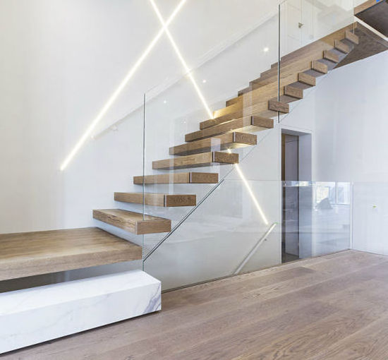 Apartment Wooden Stairs Floating Straight Staircase With Glass Railing