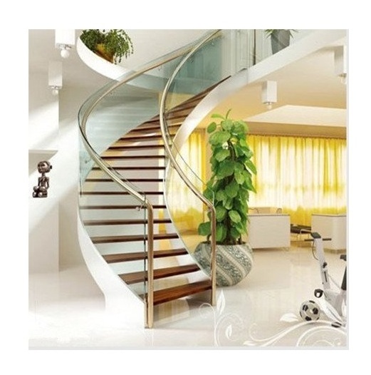 Modern stair case curved solid wood stairs with glass curved stair rail