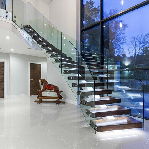 Modern stair case curved solid wood stairs with glass curved stair rail