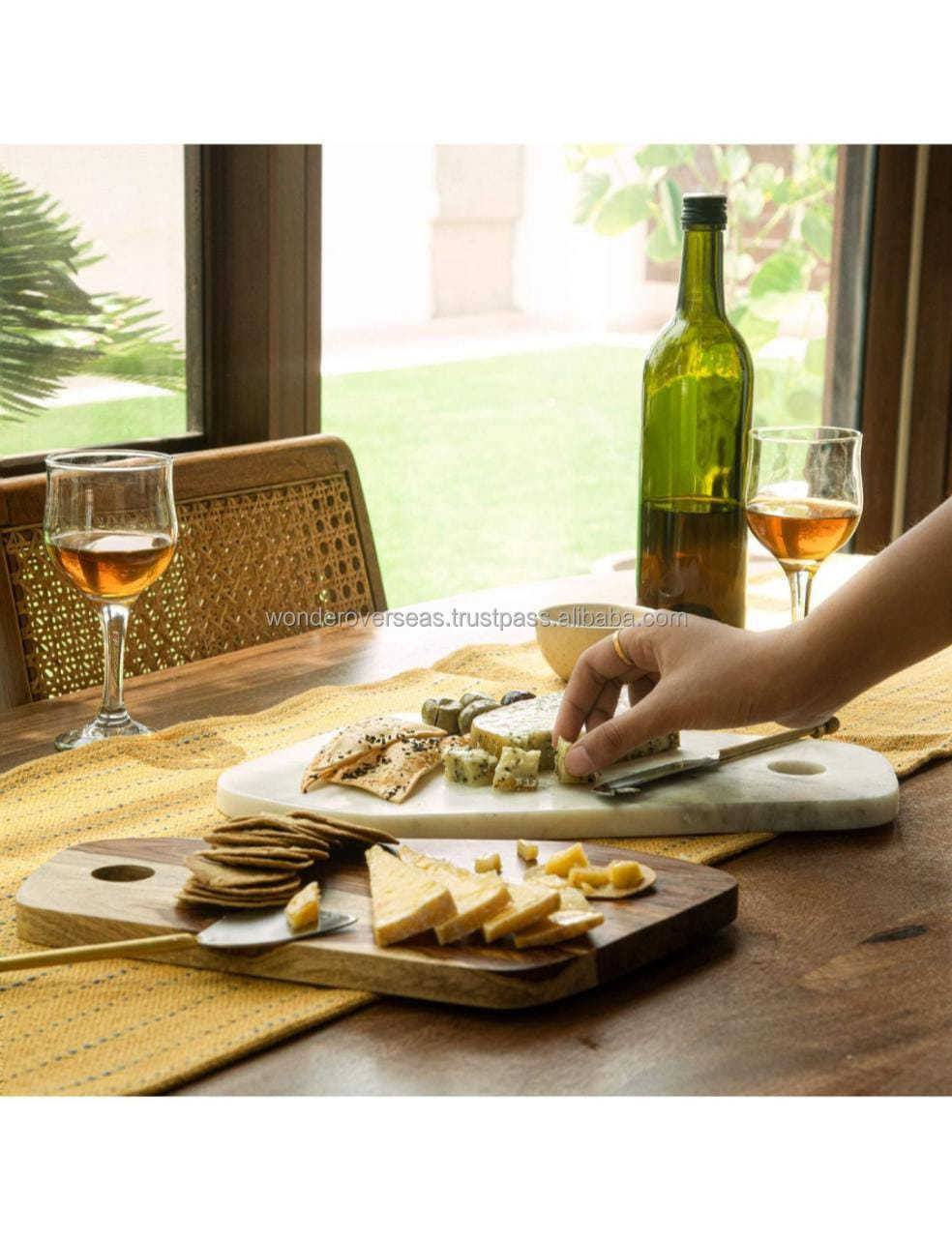 Marble Cheese Round Acacia Chopping With Cutting Wood And Marble Cutting Board BY WONDER OVERSEAS