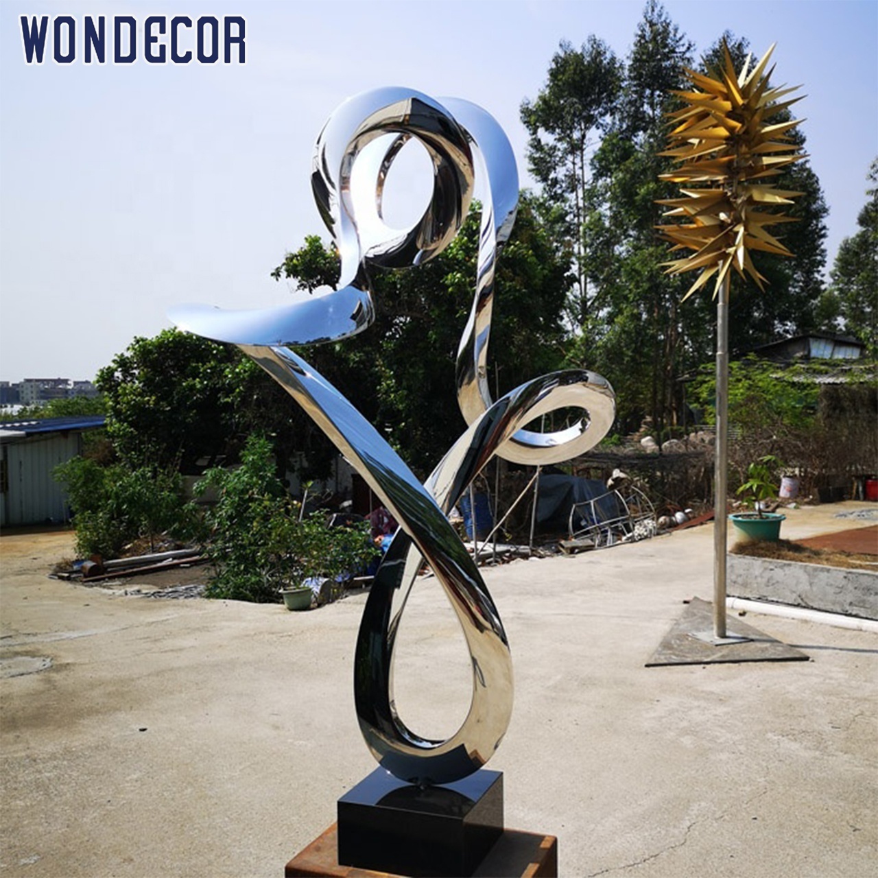 Wondecor large outdoor modern metal garden sculpture art mirror polished forged  stainless steel abstract sculpture