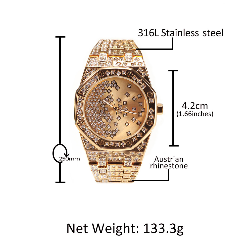 WG401 Hot selling hexagon alloy stainless steel rhinestone iced out hip hop watch full iced out star design man watch