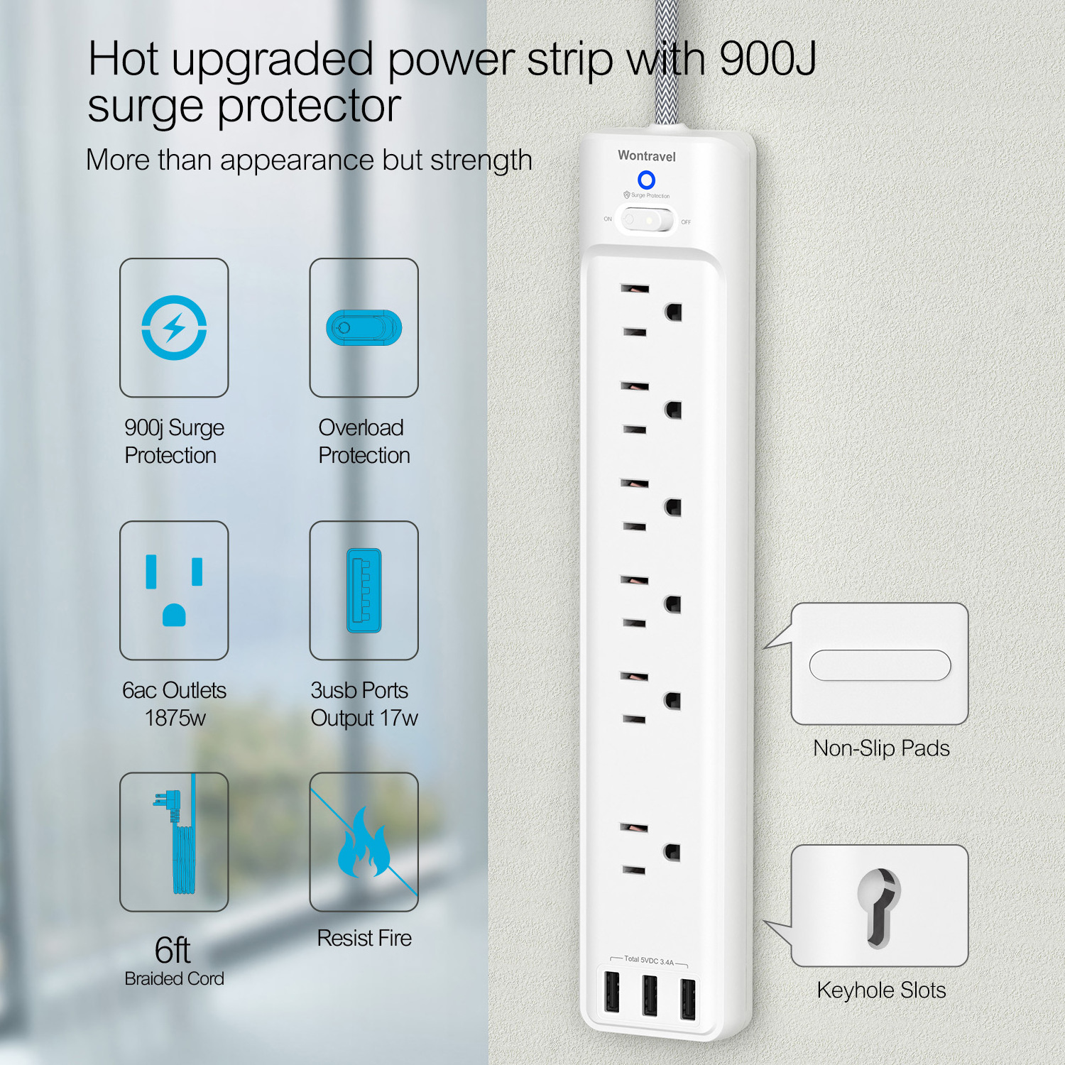 ODM Extension Cord 4 Outlets 900J Surge Protector Plug 3 USB Charger 6 Ft Universal AC Socket USA Power Strip