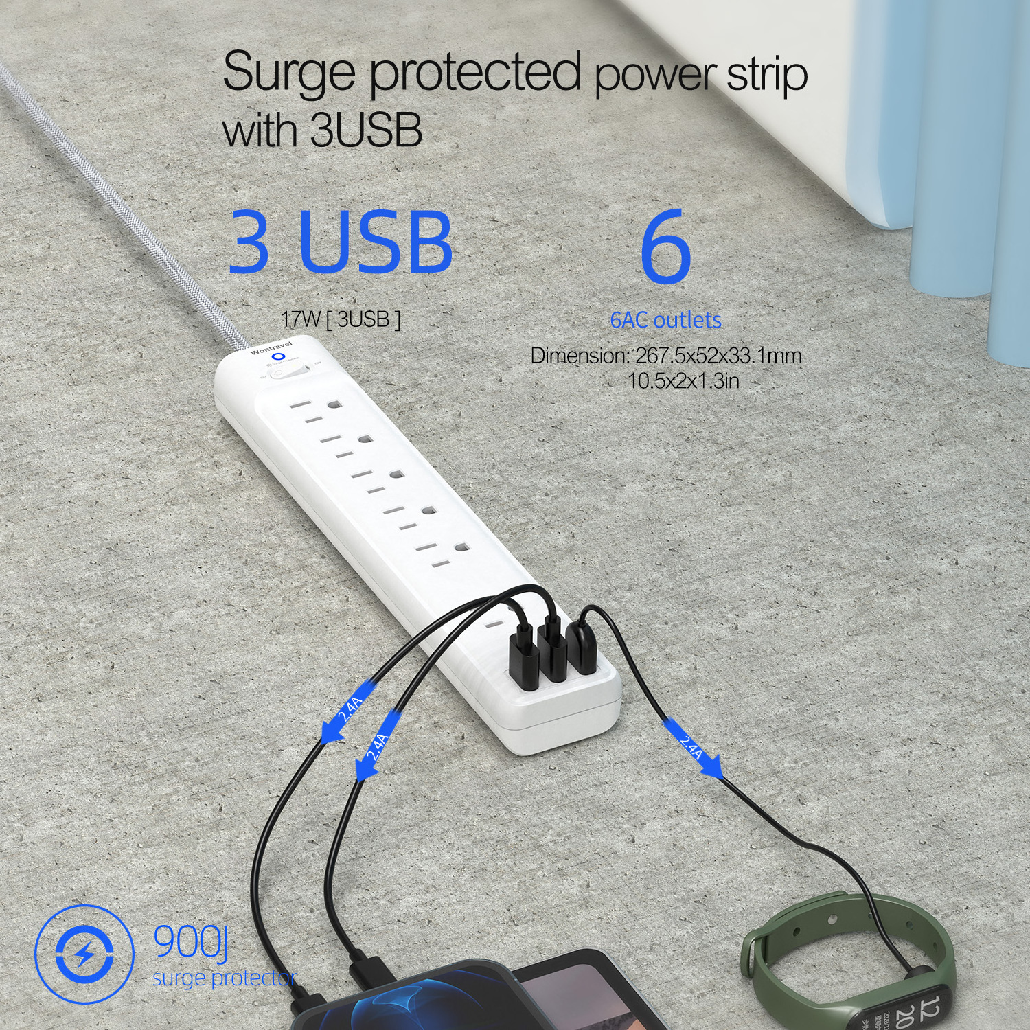 ODM Extension Cord 4 Outlets 900J Surge Protector Plug 3 USB Charger 6 Ft Universal AC Socket USA Power Strip