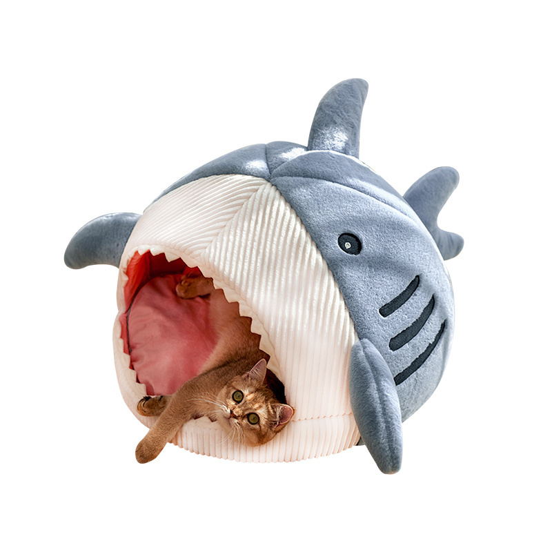 Wholesale Luxury Premium Non-slip Winter Warm Enclosed Semi-closed Shark Shape Pet Dog Cute Cats Nest Cave Bed