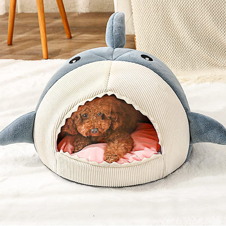 wholesale eco friendly comfortable cute fancy luxury calming blue shark shaped plush pet large bed washable dog cat cushion