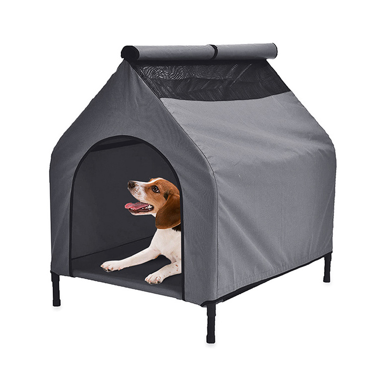 Manufacturer high quality washable oxford tent house style folding pet bed pet cot elevated dog with canopy for travel camping