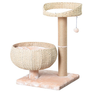 wholesale custom cheap rattan cat house paper rope scratcher houses tower cats tree in beige/pink/purple color