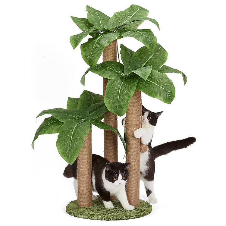 wholesale custom brown rattan cat scratching post real tree scratcher sisal pet house play condo luxury cat tree with leaves