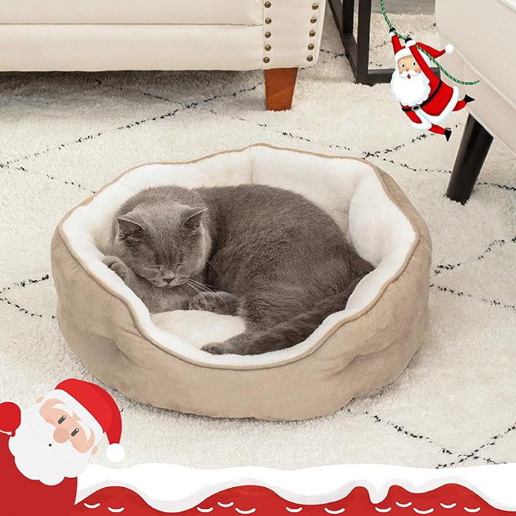 factory custom luxury soft comfortable khaki suede cat and dog bed washable round pet bed with removable pet cushion for puppy