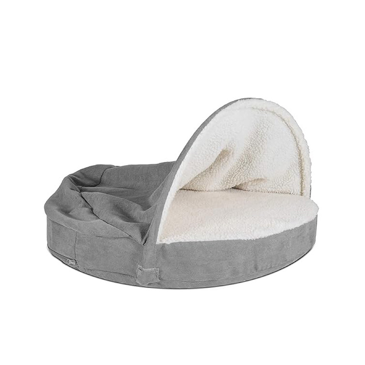 wholesale high quality foldable cozy grey suede cocoon burrow dog cave beds fashion luxury hooded pet dog house bed with hole