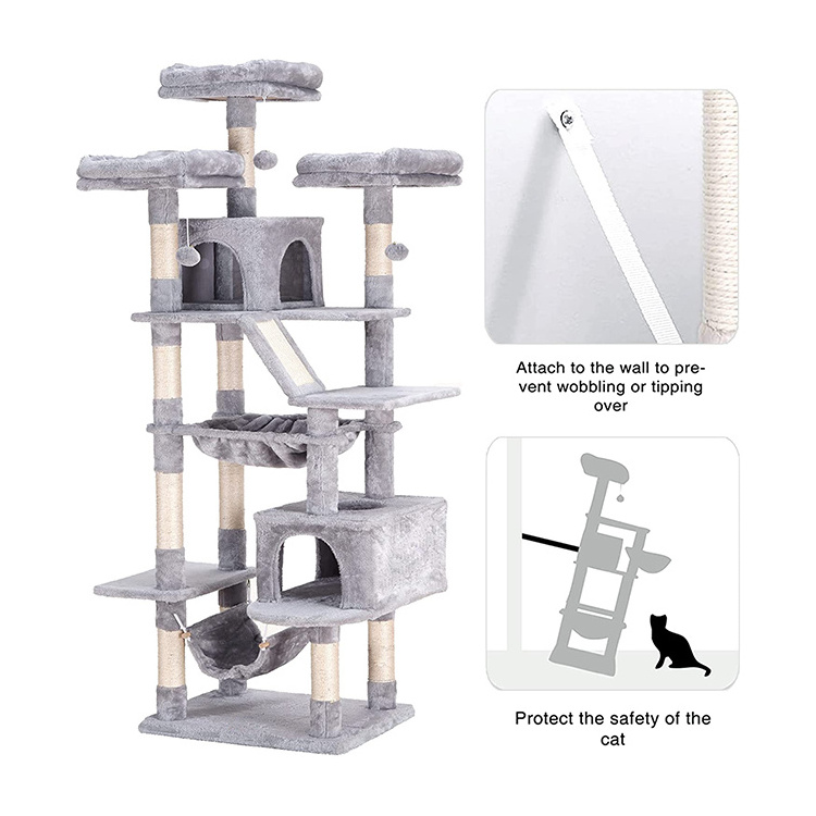 wholesale custom cat scratch post tree scratcher korea cat play condo grey tree tower with hammock bed