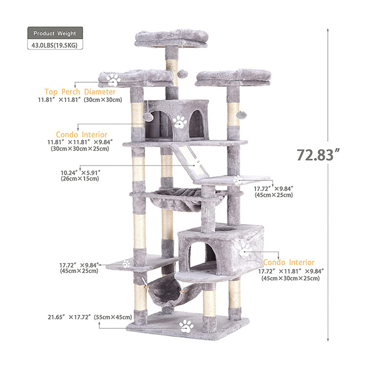 wholesale custom cat scratch post tree scratcher korea cat play condo grey tree tower with hammock bed