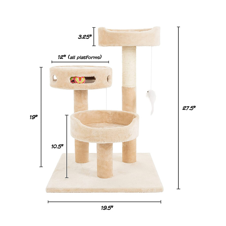 wholesale custom cat scratch post tree scratcher korea Three layers cat play condo beige tree tower with hammock bed