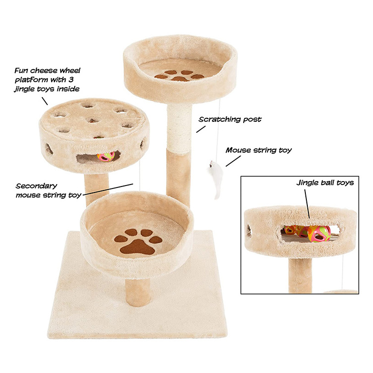 wholesale custom cat scratch post tree scratcher korea Three layers cat play condo beige tree tower with hammock bed