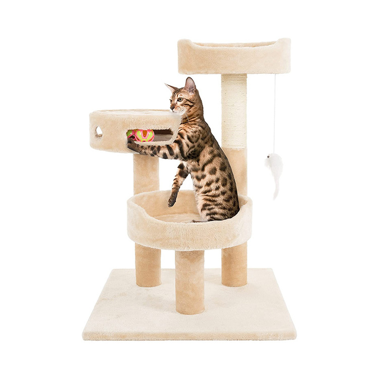 wholesale custom cat scratch post tree scratcher korea Three layers cat play condo beige tree tower with hammock bed