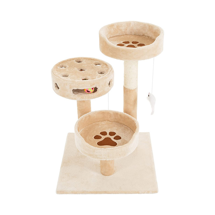 wholesale custom cat scratch post tree scratcher korea Three layers cat play condo beige tree tower with hammock bed