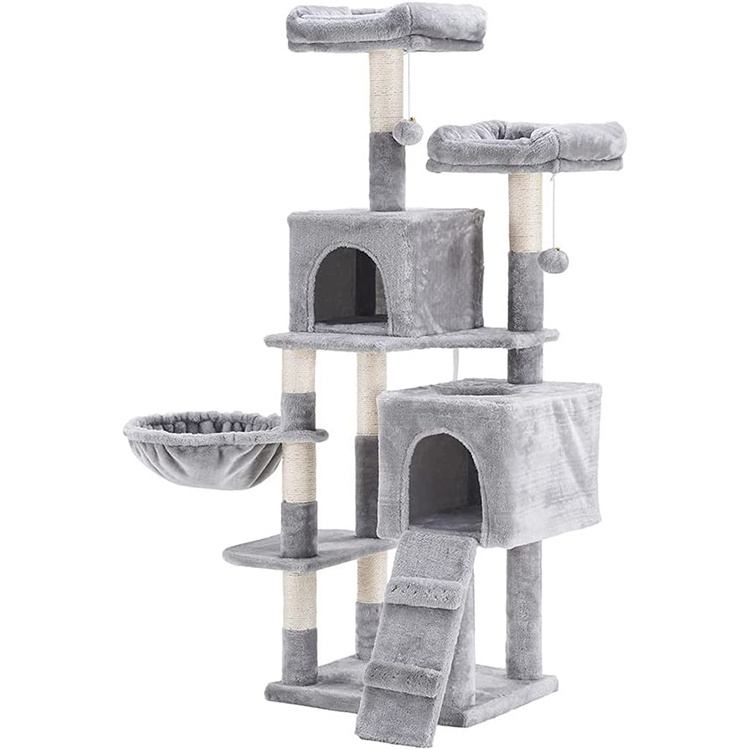 wholesale custom cat scratch post tree scratcher korea cat play grey soft plush condo tree tower with hammock bed