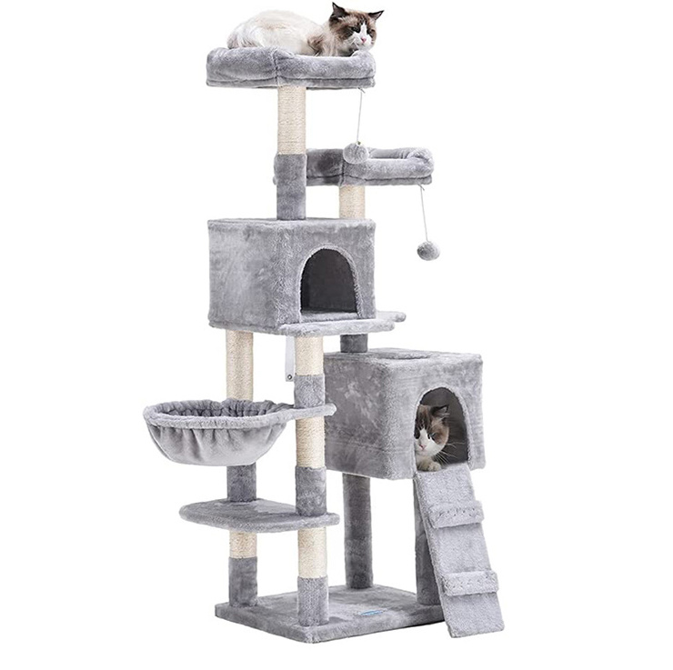 wholesale custom cat scratch post tree scratcher korea cat play grey soft plush condo tree tower with hammock bed