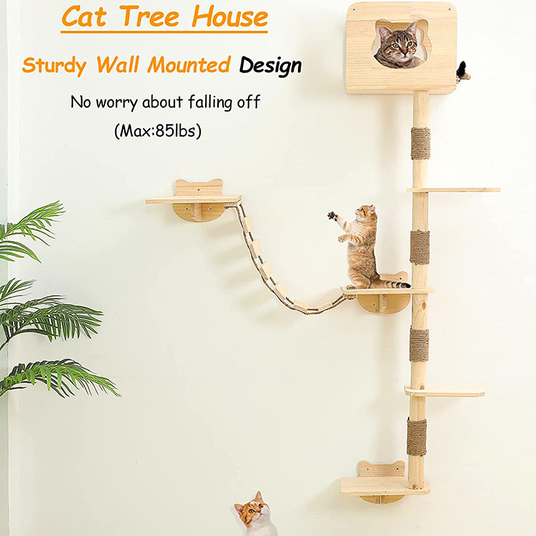 wholesale custom cat scratch post tree scratcher korea cat play wooden condo tree tower wall mounted with hammock bed