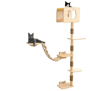 wholesale custom cat scratch post tree scratcher korea cat play wooden condo tree tower wall mounted with hammock bed