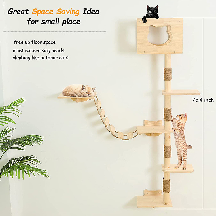 wholesale custom cat scratch post tree scratcher korea cat play wooden condo tree tower wall mounted with hammock bed