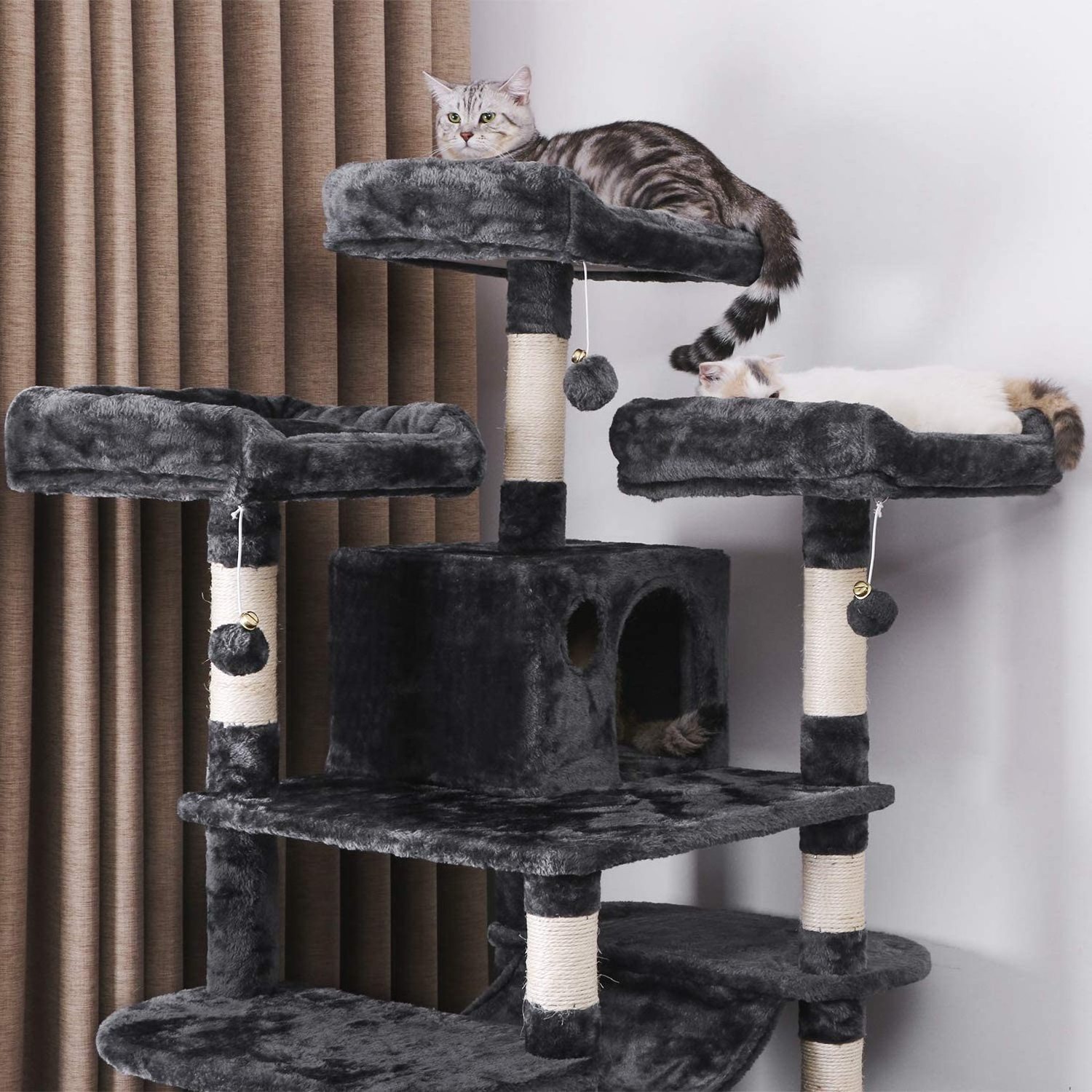 wholesale custom cat scratching post tree scratcher sisal black plush play condo luxury cat tree tower with 3 hammock bed