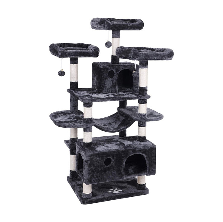 wholesale custom cat scratching post tree scratcher sisal black plush play condo luxury cat tree tower with 3 hammock bed