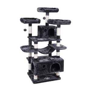 wholesale custom cat scratching post tree scratcher sisal black plush play condo luxury cat tree tower with 3 hammock bed