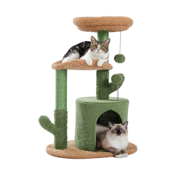 wholesale custom cat scratching post tree scratcher sisal green and brown pet house play condo cat tree tower with 3 hammock bed