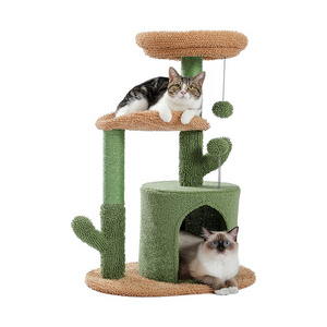 wholesale custom cat scratching post tree scratcher sisal green and brown pet house play condo cat tree tower with 3 hammock bed