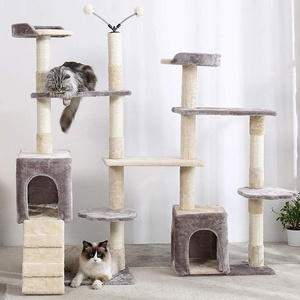 wholesale custom cat scratching brown post tree scratcher sisal pet house play condo luxury cat tree tower with 3 hammock bed