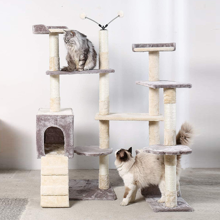 wholesale custom cat scratching brown post tree scratcher sisal pet house play condo luxury cat tree tower with 3 hammock bed