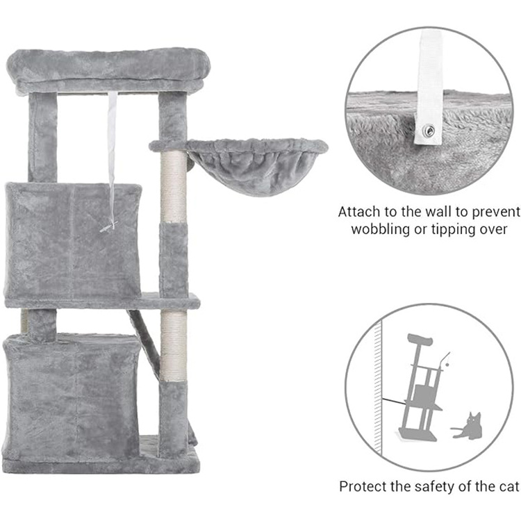 wholesale custom light grey plush large cat scratching post tree scratcher sisal pet bed play condo luxury cat tree tower