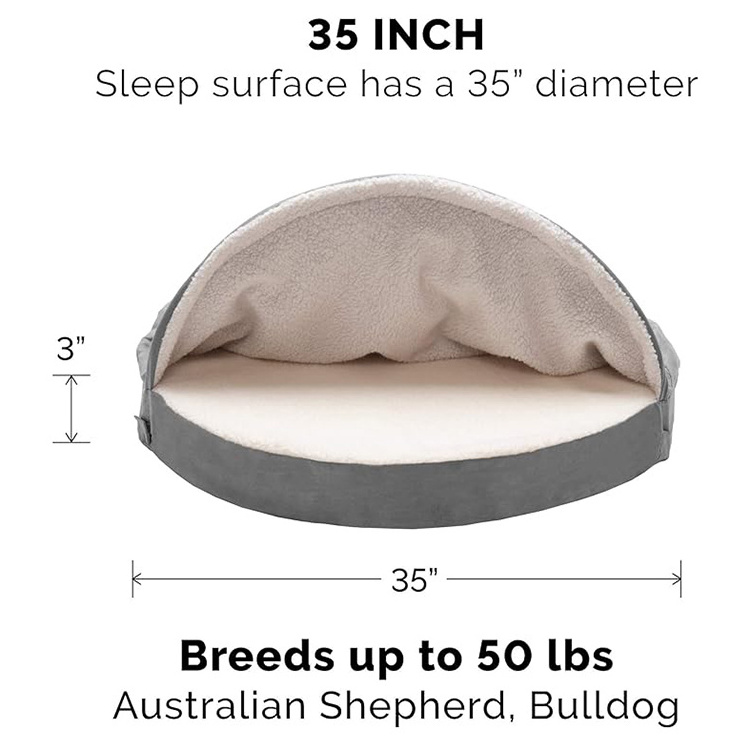 wholesale high quality foldable cozy grey suede cocoon burrow dog cave beds fashion luxury hooded pet dog house bed with hole