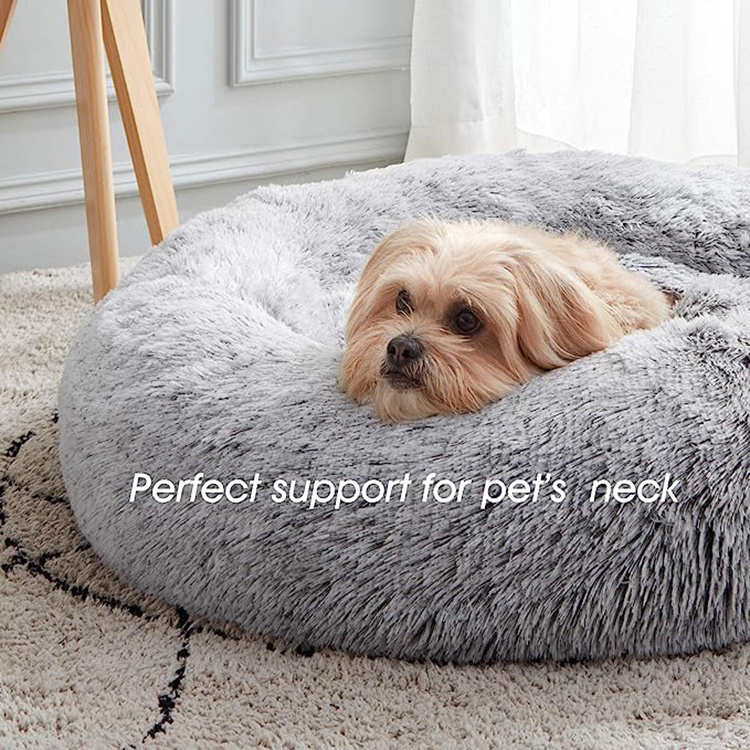 manufacturer custom modern grey plush donut pet boucle dog bed washable soft fuzzy calming luxury dog house beds large