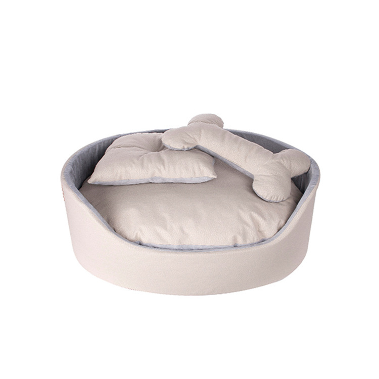 LOW MOQ custom top selling luxury dropshipping high quality soft pet products new arrival beige faux suede oval dog bed